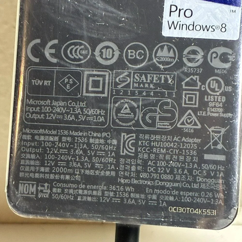 Genuine Microsoft Surface Pro & Pro 2 Power Adapter Charger Model 1536 12V 3.6A